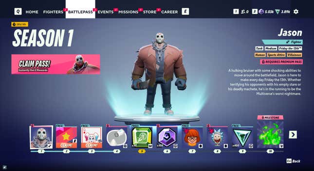 An image of MultiVersus' season 1 battle pass is shown, depicting the character of Jason as the first unlock rewarded.