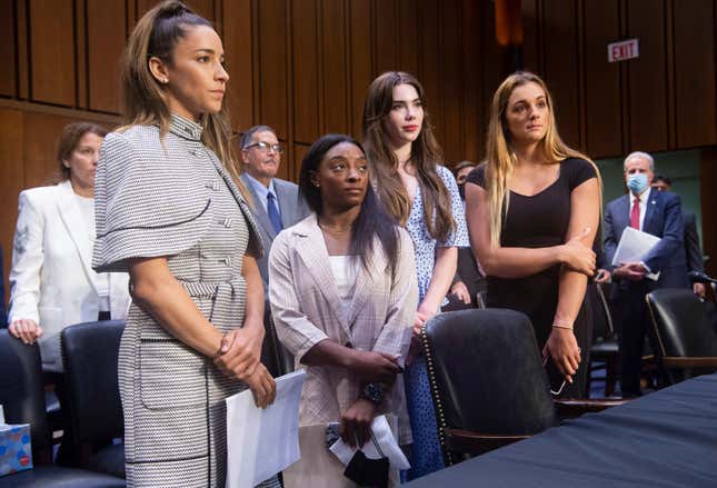 United States gymnasts from left, Aly Raisman, Simone Biles, McKayla Maroney and Maggie Nichols, leave after testifying at a Senate Judiciary hearing about the Inspector General’s report on the FBI’s handling of the Larry Nassar investigation on Capitol Hill, Wednesday, Sept. 15, 2021, in Washington. Nassar was charged in 2016 with federal child pornography offenses and sexual abuse charges in Michigan. He is now serving decades in prison after hundreds of girls and women said he sexually abused them under the guise of medical treatment when he worked for Michigan State and Indiana-based USA Gymnastics, which trains Olympians. 