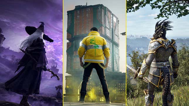 A witch, male V from Cyberpunk, and an Argonian all have their backs turned to the camera in a composite image.