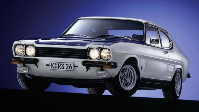 A photo of a white Ford Capri sports car in a studio. 