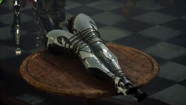 An image of chrome legs lie tied together on top of a table in Stellar Blade's underground bar, The Last Gulp.