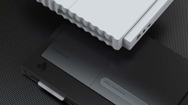 A product render shows black and white Analogue Duos in some abstract space.