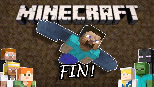 Minecraft Steve flies across the screen while other characters watch. 