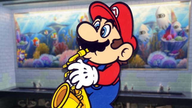 An image shows Mario playing a sax while in a bathroom. 
