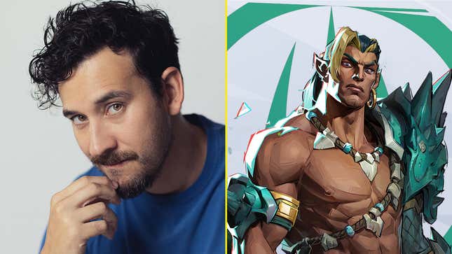 A voice actor is juxtaposed next to a Marvel character.