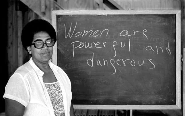 Audre Lorde (1934-1992) poses for a photograph during her 1983 residency at the Atlantic Center for the Arts in New Smyrna Beach, Florida.