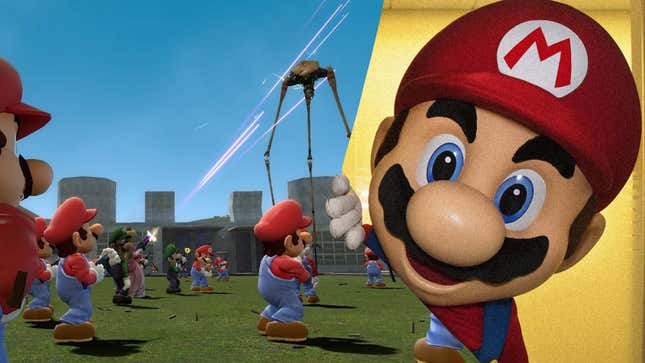 An image of Mario giddily peeking around a curtain to see an army of Marios, Luigis, and Peach shooting at a creature from Half Life in Garry's Mod.