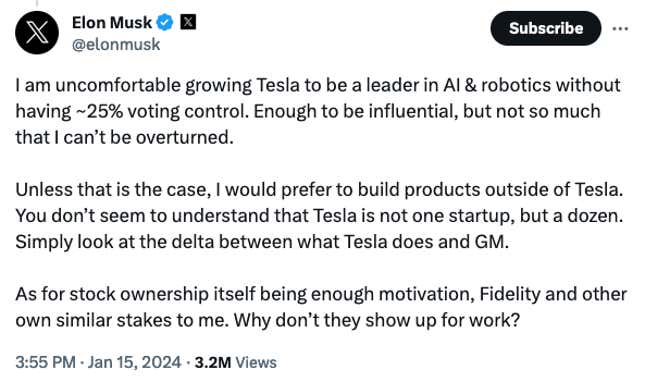 A screenshot of Musk's tweeted threat against Tesla
