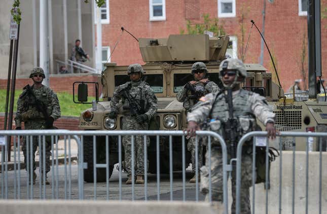 National Guards of the US are stationed outside Baltimore City Hall as well as other spots around the city as the protests over the death of Freddie Gray continue in Baltimore, Maryland on April 30, 2015. 