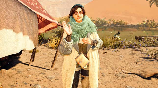 Alma waves while wearing her Scrivener’s Coat and red Strategist Spectacles.