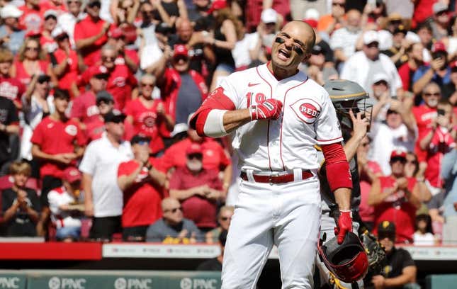 Sep 24, 2023; Cincinnati, Ohio, USA; Cincinnati Reds first baseman Joey Votto (19) acknowledges the crowd before his first at bat in the second inning against the Pittsburgh Pirates at Great American Ball Park.