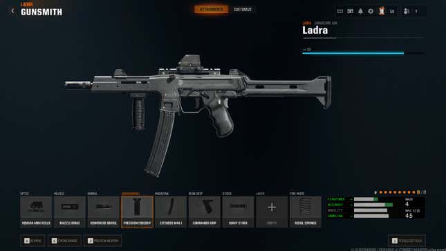 The attached file screen for Ladra SMG in Black Ops 6.