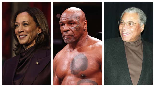 Vizepräsidentin Kamala Harris, links; Mike Tyson und der verstorbene James Earl Jones.