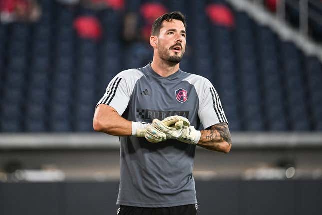 Sep 30, 2023; St. Louis, Missouri, USA; St. Louis City goalkeeper Roman Burki looks on during warmups before a game against Sporting Kansas City at CITYPARK.