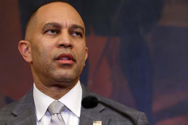 WASHINGTON, DC - DECEMBER 12: U.S. House Minority Leader Hakeem Jeffries (D-NY) gives remarks ahead of a Capitol Menorah lighting ceremony at the U.S. Capitol Building on December 12, 2023 in Washington, DC. The Hanukkah reception was the first of its kind at the U.S. Capitol Building that featured bipartisan congressional leadership. 