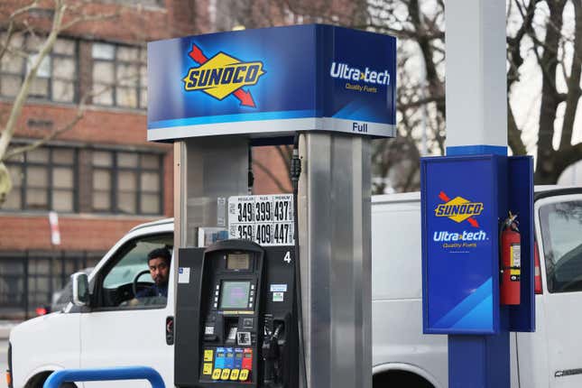 A Sunoco gas station gas pump is seen on January 23, 2024 in the Midwood neighborhood of the Brooklyn borough of New York City. Sunoco, the motor fuels distributor, made an announcement that it is making an all-stock deal valued at about $7.3 billion to purchase oil and gas transportation service NuStar Energy.