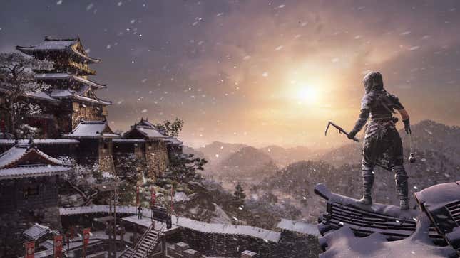 The assassin stares across snowy Feudal Japan as the sun sets.