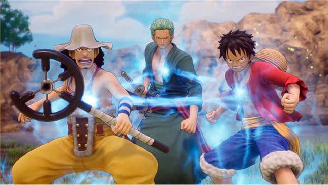 Luffy, Zoro, and Usopp prepare for battle in an official image from One Piece Odyssey.