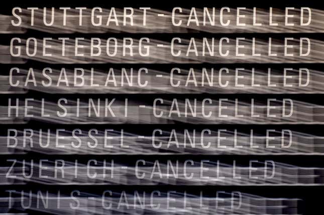 Cancelled flights are displayed on a board in a terminal at the airport in Frankfurt, Germany, Tuesday, Feb. 20, 2024. The trade union Verdi has once again called on Lufthansa ground staff to go on a warning strike. (AP Photo/Michael Probst)