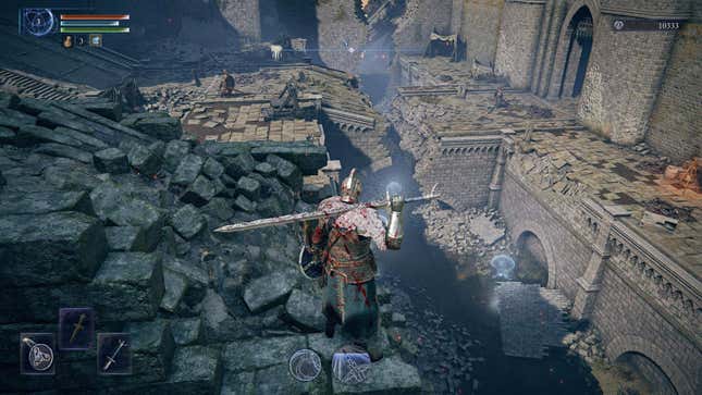 The player character looks out at a broken bridge.