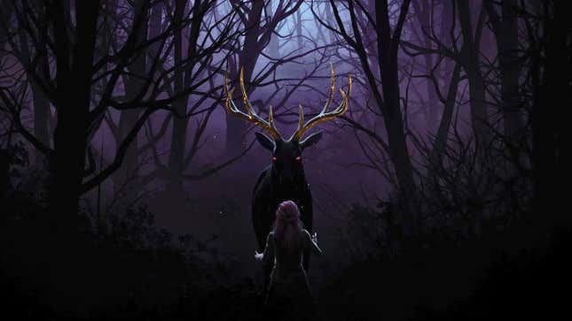 An illustration of a dark, purple-hued forest, with a figure facing a stag with glowing red eyes.