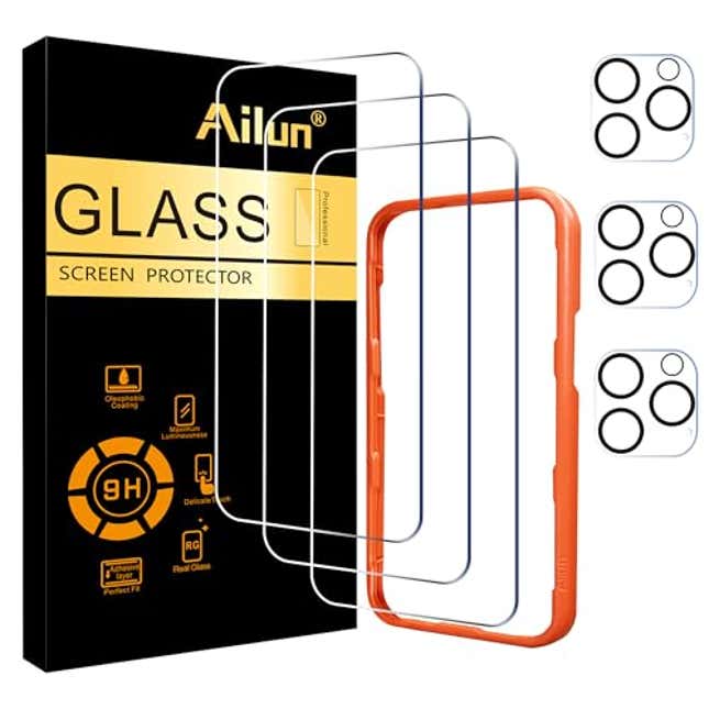 Image for article titled Ailun 3 Pack Screen Protector for iPhone 16 Pro Max [6.9 inch] + 3 Pack Camera Lens Protector with Installation Frame, Now 15% Off