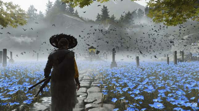 Atsu walks through blue flowers, as many birds take flight.