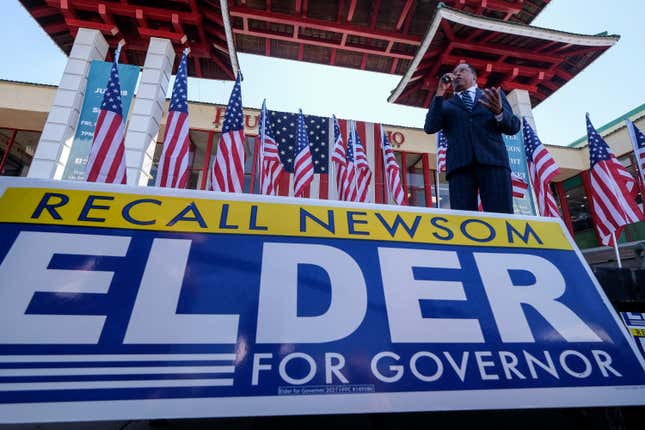 Republican gubernatorial candidate Larry Elder speaks to supporters during an Asian Rally for Yes Recall at the Asian Garden Mall in Little Saigon, Westminster, California, on September 4, 2021,