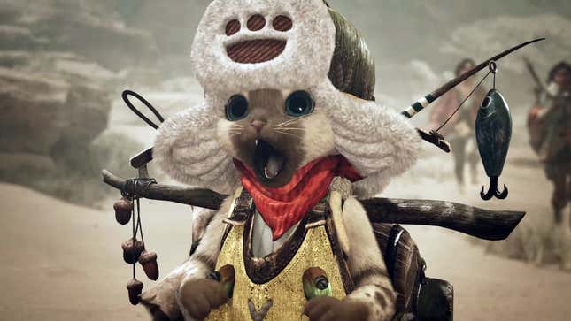 A cat-like creature wearing an explorer's outfit is shown with an excited expression.