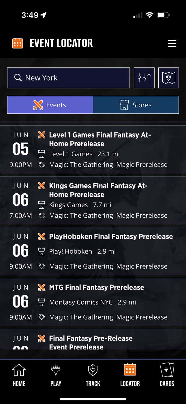 A screenshot shows upcoming events for Magic: the Gathering.