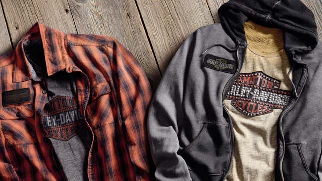 An assortment of Harley-Davidson-branded clothing 