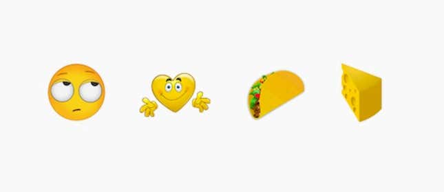 The new emoji: rolling eyes, hug, taco, cheese wedge