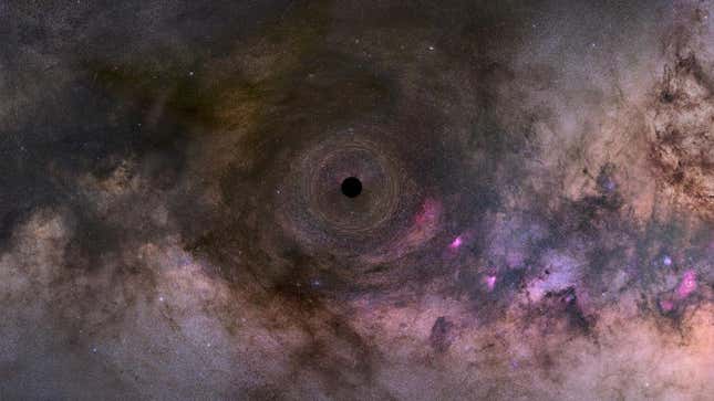 An illustration of a black hole drifting through space.