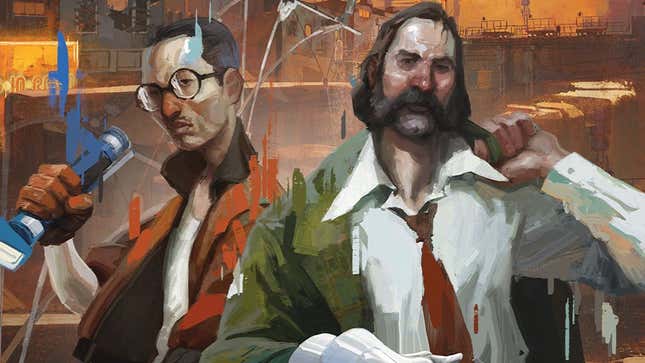 Disco Elysium's cover art, featuring two grumpy men.