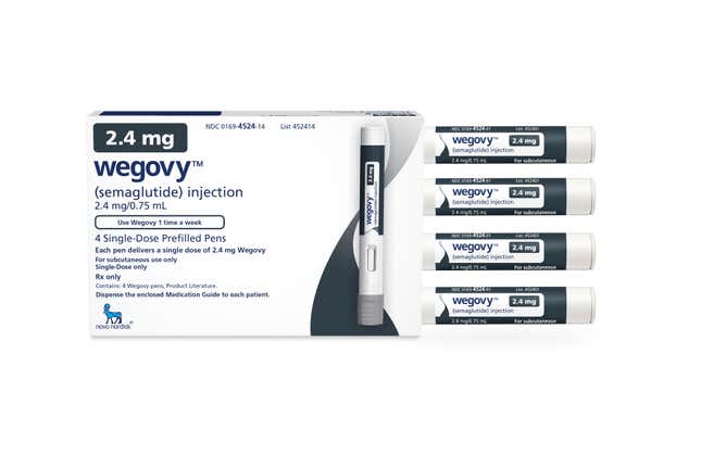 FILE - This image provided by Novo Nordisk on Friday, June 4, 2021 shows a package of injection pens for the company&#39;s semaglutide medication, named Wegovy. People taking the popular diabetes and obesity drugs Ozempic and Wegovy had a lower risk of suicidal thoughts than those taking other medications to treat the same conditions, according to research, funded by the U.S. National Institutes of Health, published Friday, Jan. 5, 2023. It comes as European and U.S. regulators look into anecdotal reports that people taking the drug, semaglutide, had thoughts of self-harm. (Novo Nordisk via AP, file)