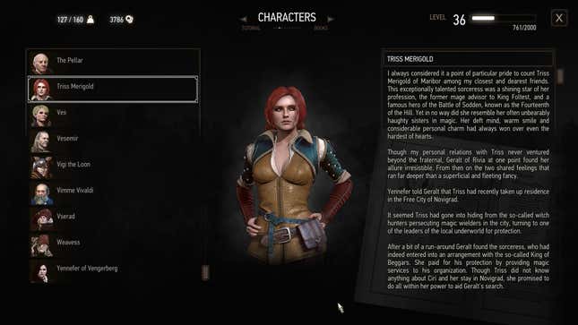 A screenshot of The Witcher 3's menu shows Triss' backstory.