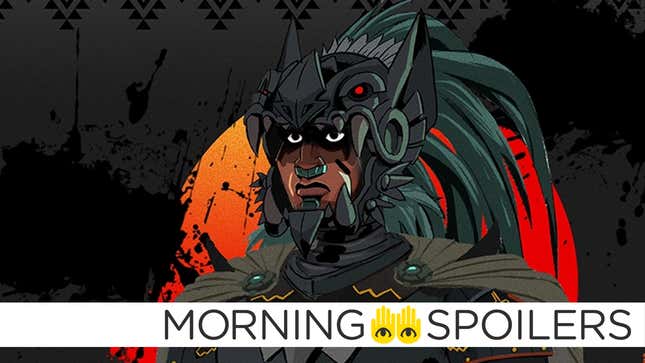 Aztec warrior Yohualli Coatl dressed in Bat-themed armor for HBO Max's Batman Azteca: Choque de Imperios.