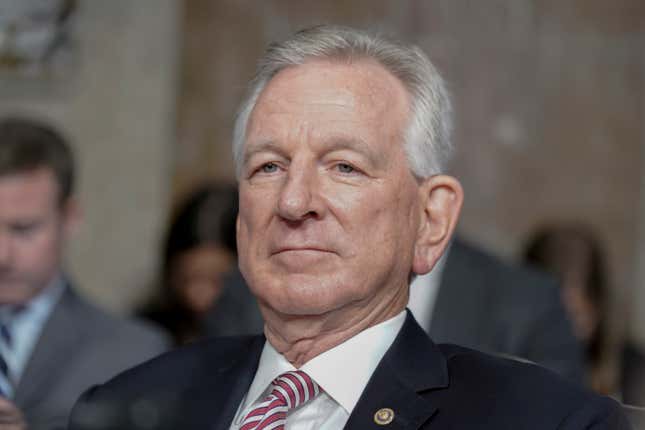 Sen. Tommy Tuberville, R-Ala., l, listens during the Senate Armed Services Committee hearing to examine the nomination of Army Lt. Gen. Randy George to be reappointment to the grade of general and to be Chief of Staff of the Army, Wednesday, July 12, 2023, on Capitol Hill in Washington.