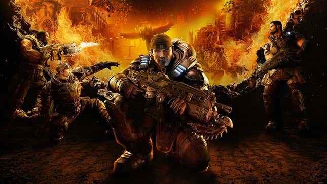 Gears of War characters sit behind a fire.