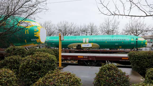 The Spirit AeroSystems logo is pictured on an unpainted 737 fuselage as Boeing's 737 factory teams hold the first day of a "Quality Stand Down" for the 737 program at Boeing's factory in Renton, Washington on January 25, 2024.