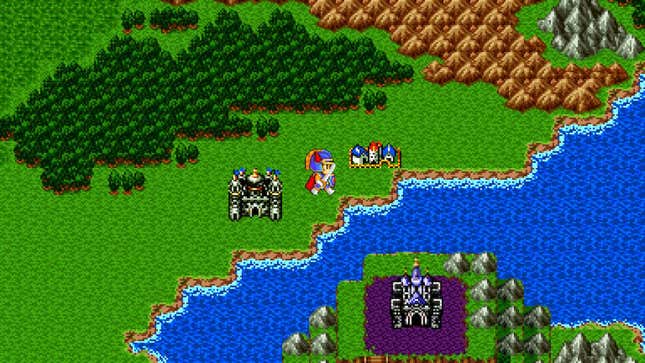 A screenshot of Dragon Quest I. A knight is walking on a world map screen from a castle to a town.