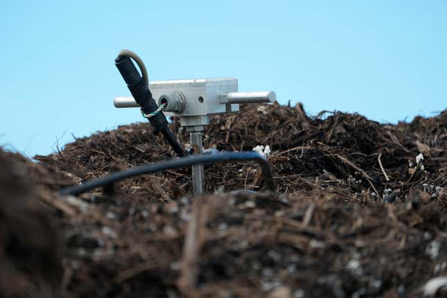 A remote sensor is set on top of a compost pile being cured at the Otay Landfill in Chula Vista, Calif., on Friday, Jan. 26, 2024. Two years after California launched an effort to keep organic waste out of landfills, the state is so far behind on getting food recycling programs up and running that it&#39;s widely accepted next year&#39;s ambitious waste-reduction targets won&#39;t be met. (AP Photo/Damian Dovarganes)