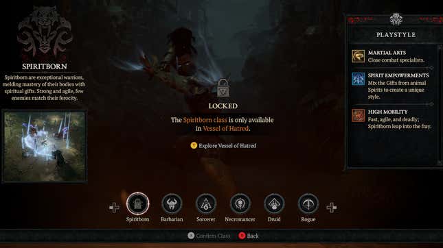 A Spiritborn class is locked in the character creator