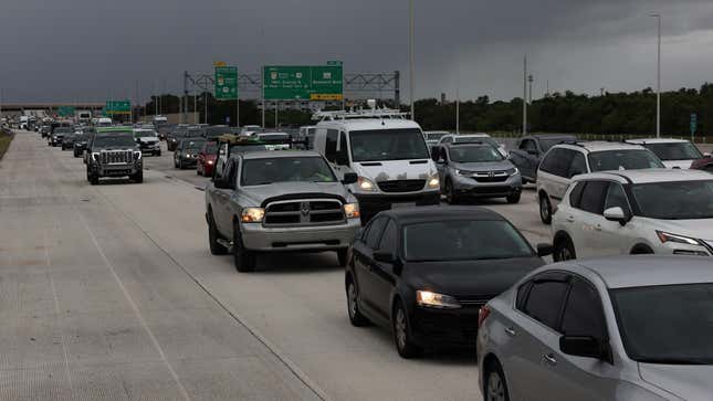 Traffic is heavy as thousands evacuate ahead of Hurricane Milton as it churns in the Gulf of Mexico on October 07, 2024, in St. Petersburg, Florida