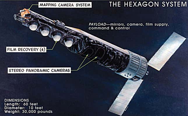 The Air Force’s KH-9 Hexagon satellite, pictured above, deployed the tiny IRCB (S73-7) satellite in 1974.
