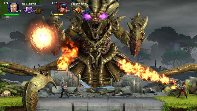 Ein Bildschirm aus Operation Galuga zeigt zwei Kommandos, die gegen einen großen Außerirdischen antreten, der dem Boss auf der Wasserfallbühne aus dem Originalspiel ähnelt.
