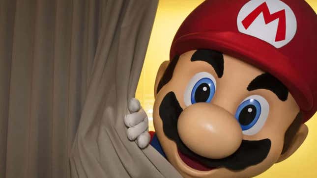 An image shows Mario peeking out from behind a curtain. 