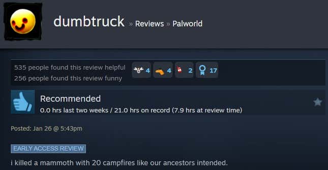A Palworld steam review reading "i killed a mammoth with 20 campfires like our ancestors intended."