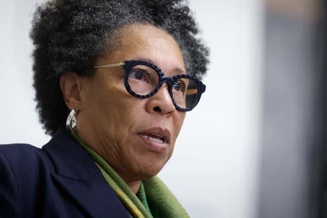 WASHINGTON, DC - OCTOBER 04: Housing and Urban Development Secretary Marcia Fudge speaks during the Freedman's Bank Forum in the Cash Room at the Treasury Department on October 04, 2022