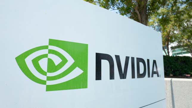 The Nvidia logo is displayed on a sign. 